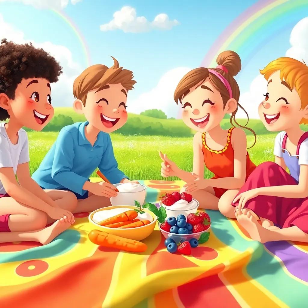 A beautiful picnic scene where the friends are combining their snacks together: carrots, yogurt, and berries on a colorful blanket, sunny sky with rainbows, joyful ambiance, whimsical art