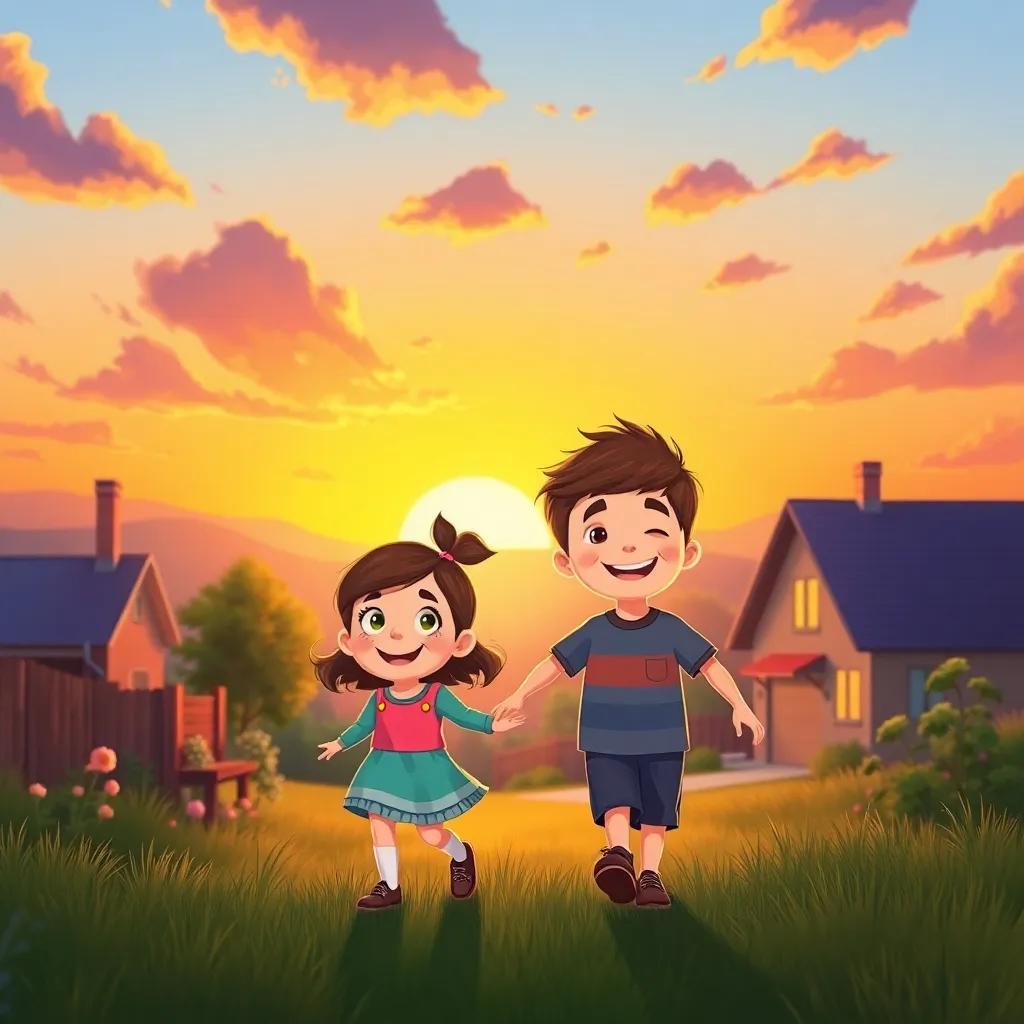 A vibrant sunset as Ella and Timmy walk home after their snack party, smiles on their faces, colorful clouds in the sky, warm and inviting illustration, cheerful atmosphere