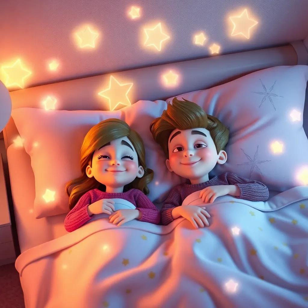 Ella and Timmy happily lying down in bed, surrounded by imagined snack memories, a cozy room with glowing stars, dreamlike imagery, warm colors, digital art