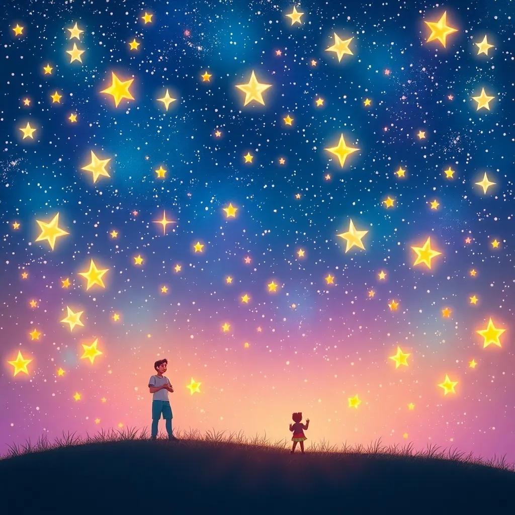 Magical scene of a sparkling night sky filled with stars, symbolizing the friendships and adventures they had, colorful, enchanting illustration