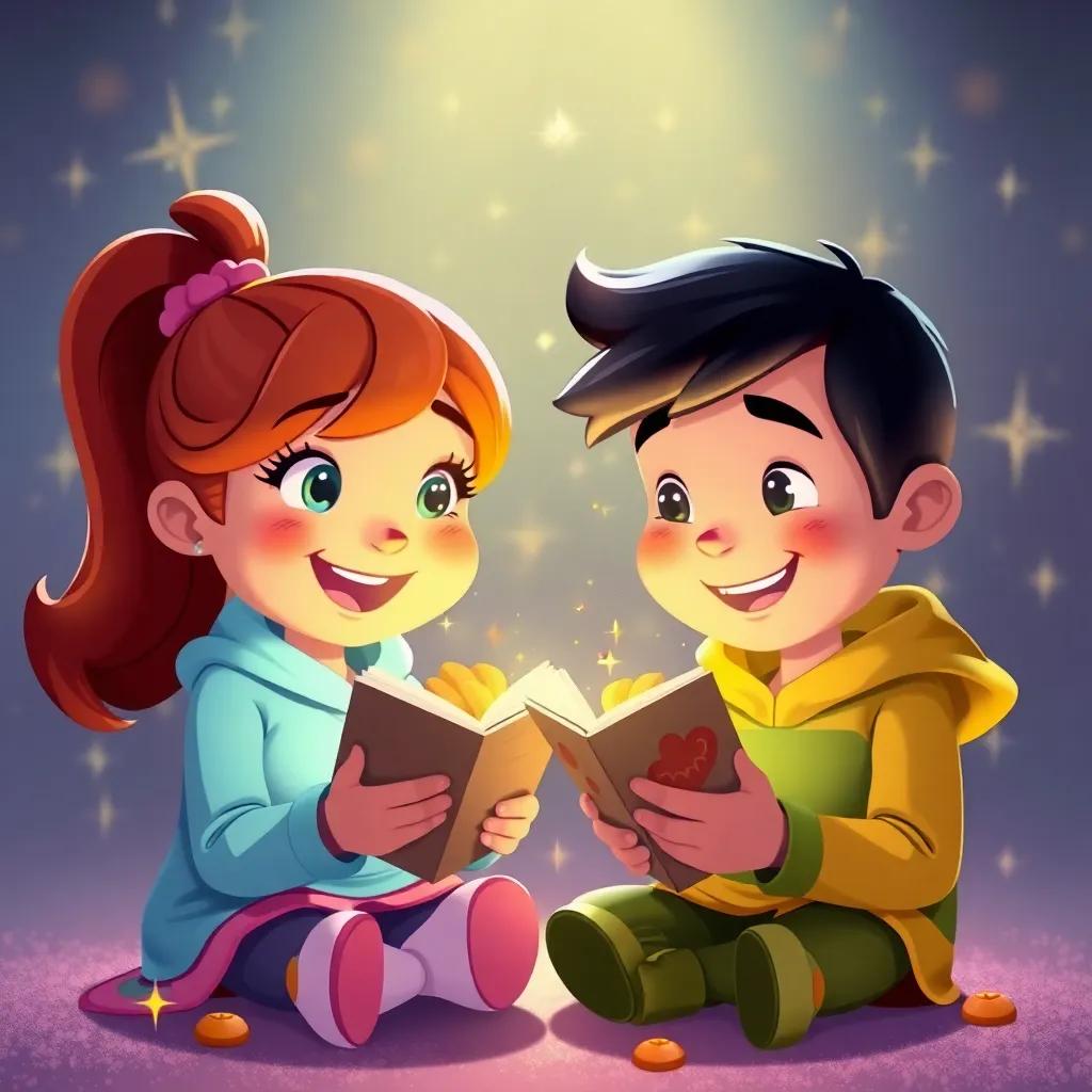 Ella and Timmy smiling while sharing stories of their snack adventures with magical sparkles around, a feeling of warmth and joy, engaging and cheerful atmosphere, child-friendly illustration