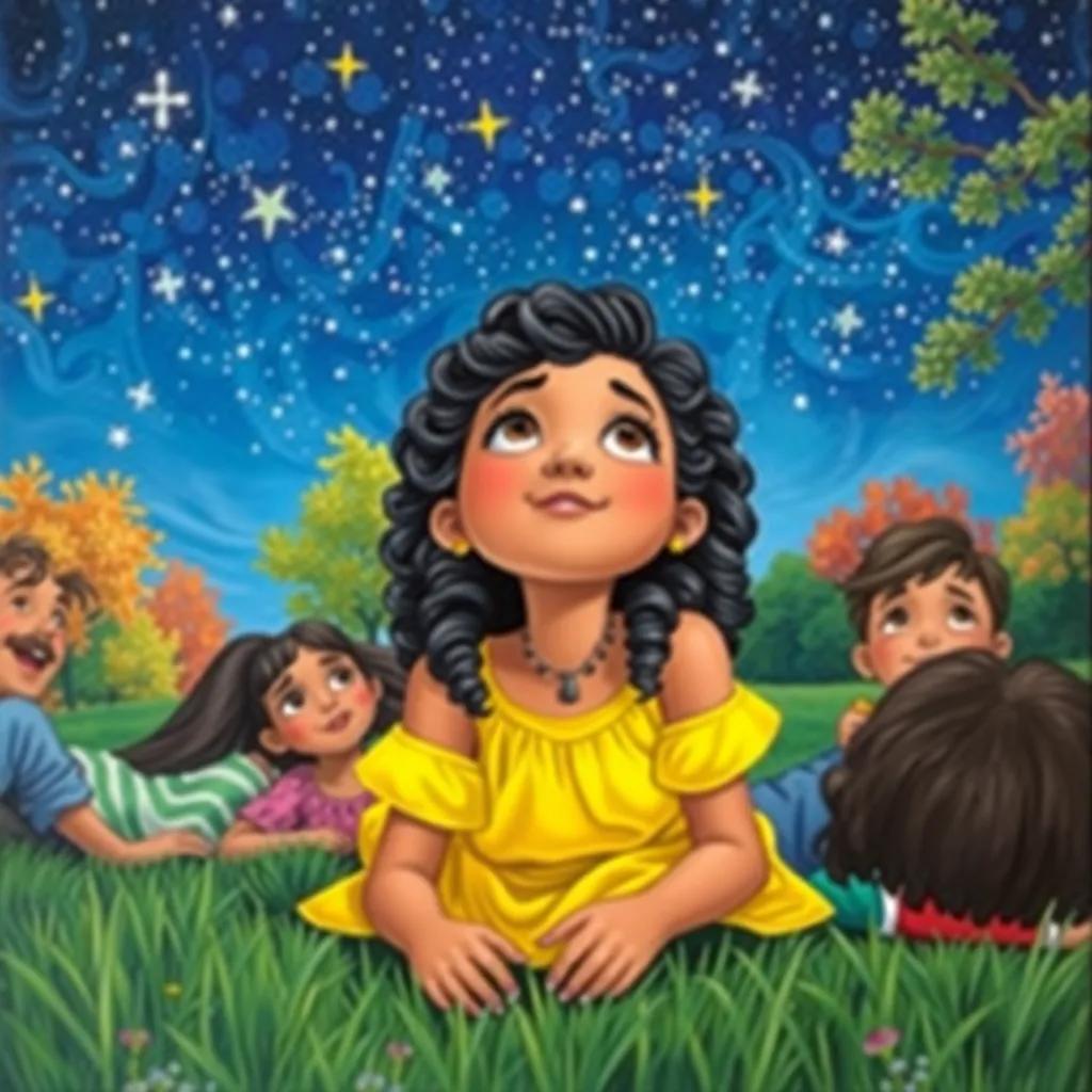 Maya, a young girl with curly black hair in a bright yellow dress, lying on the grass with her friends, staring up at the night sky full of twinkling stars, animated, bright, fun, storytelling, with colorful trees in the background