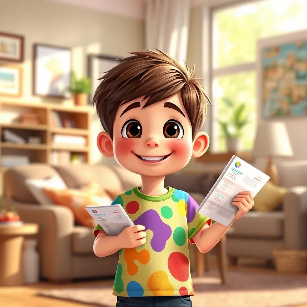 A bright and cheerful little boy, around eight years old, with short brown hair and a colorful t-shirt, confidently standing in a cozy living room with charts in hand, bright sunlight coming through the window, happy atmosphere, illustration, child-friendly, vibrant colors, high quality