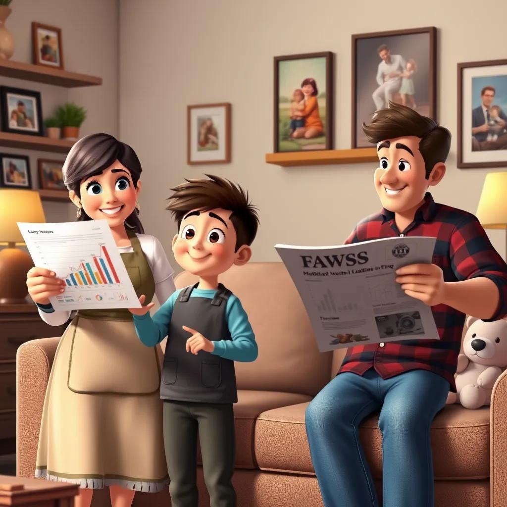 The boy showing his parents the charts and graphs, Mom with a warm smile wearing an apron, Dad in casual clothes with a newspaper, both looking amused at the boy's presentation, cozy living room with family photos decorating the walls, digital art, inviting, friendly