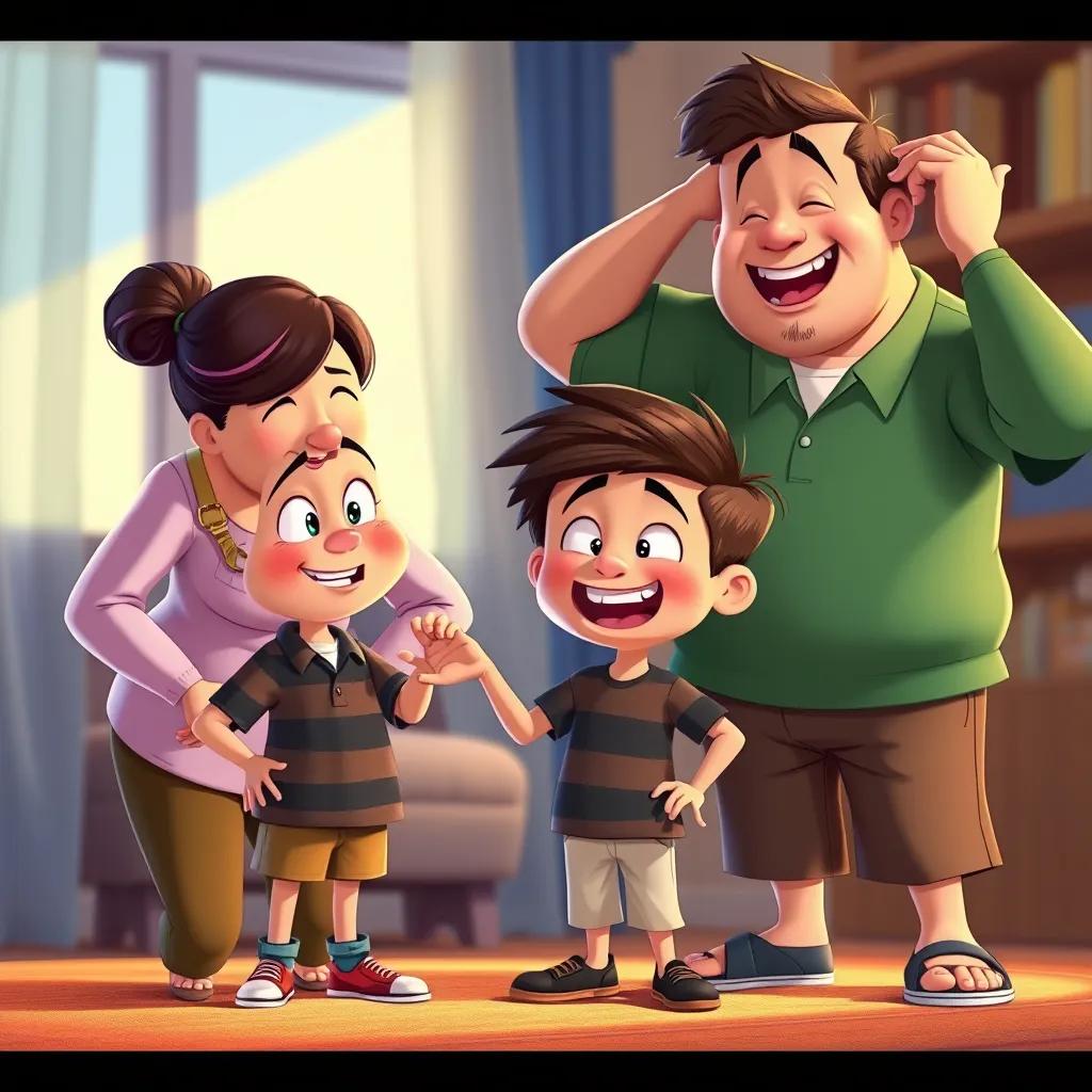 The boy emphasizing his point with a funny expression, Mom laughing with her hands on her hips, Dad chuckling as he scratches his head, vibrant colors, warm lighting, humorous scene, illustration, high quality