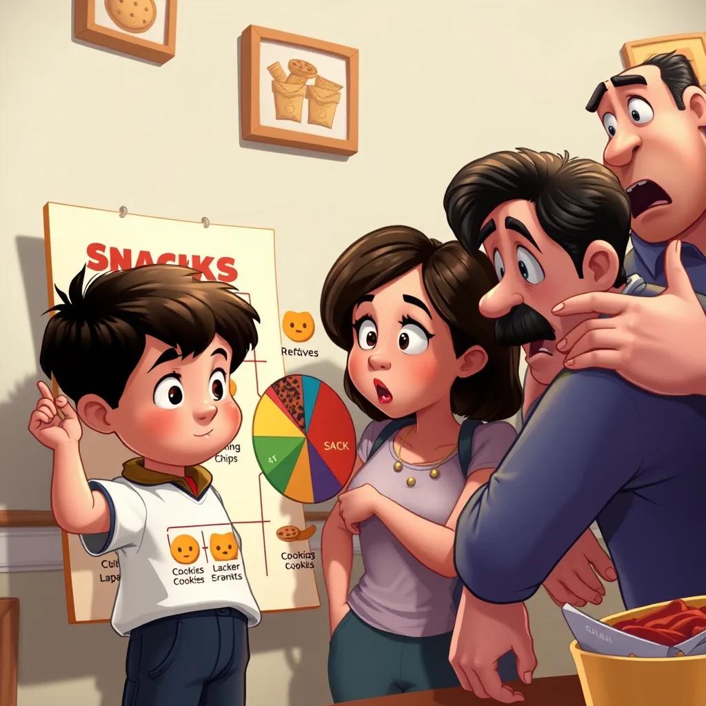 The boy pointing to a chart showing snack portions exaggeratedly, a pie chart with cookies and chips, Mom peering closely, Dad pretending to be shocked, detailed scene, art style that captures the humor, colorful, lively