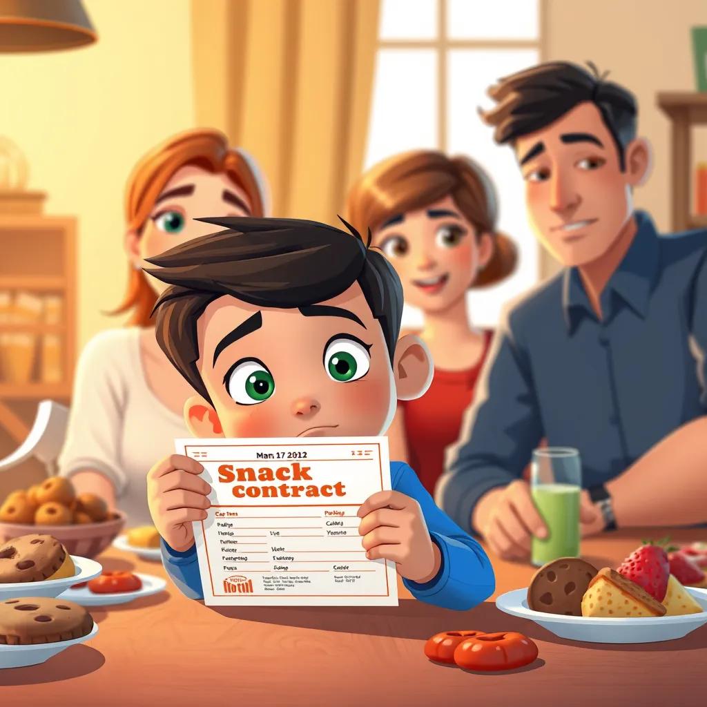 The boy with a determined expression holding a snack contract, Mom and Dad sitting at the table looking intrigued, delicious snacks like cookies and fruit on the table, warm colors, cheerful atmosphere, digital art, high quality