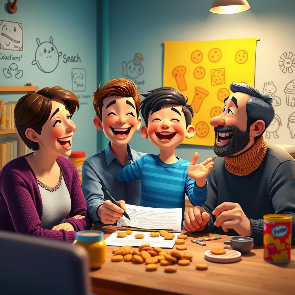 The boy celebrating with his parents after signing the snack contract, laughter and joy all around, toys and children's drawings on the wall, illustrations of cookies and chips in a fun way, cheerful lighting, high quality