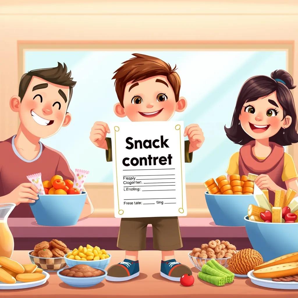 The boy standing proudly with a snack contract, his parents beside him smiling widely, a rainbow of snacks on the table, feel-good aspect, bright and inviting colors, illustration