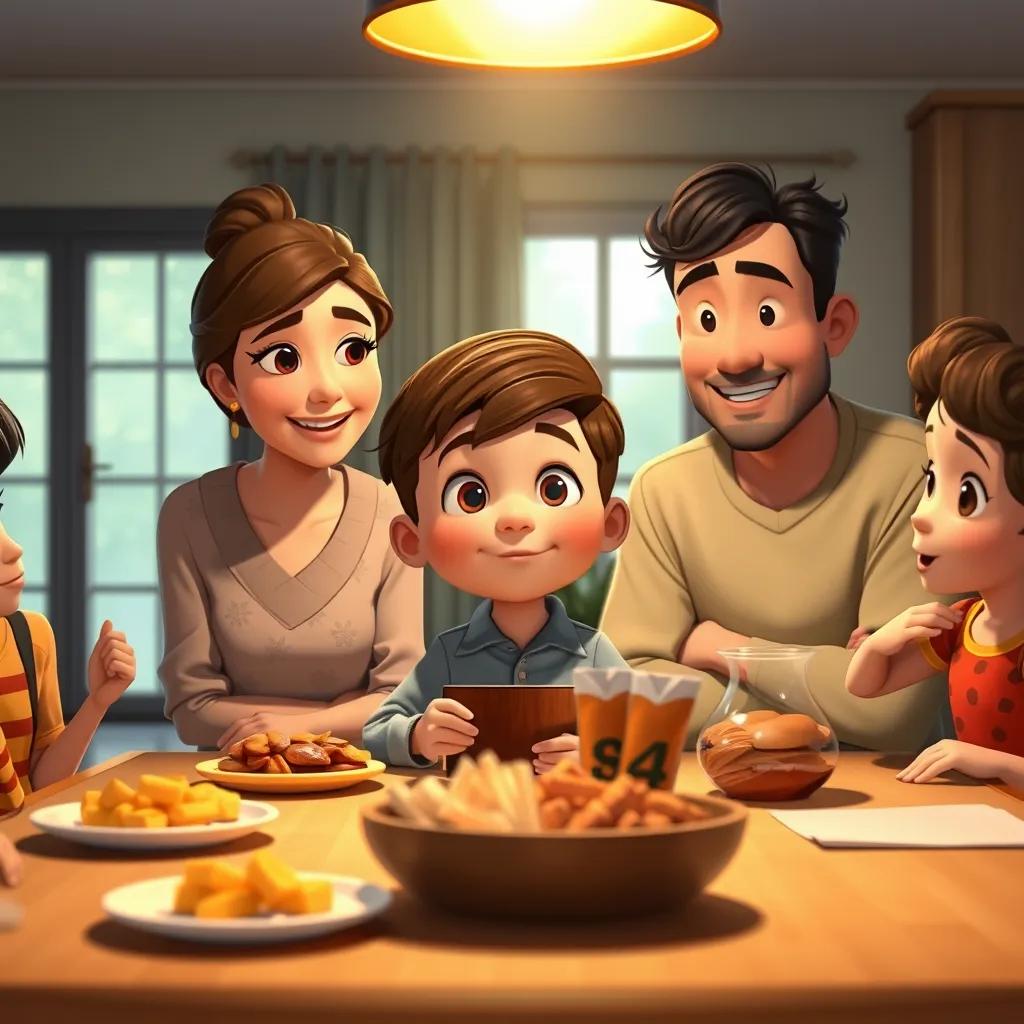 The boy leading a family meeting at the table with snacks displayed, Mom and Dad listening intently, a warm light shining from above, cozy home environment, friendly atmosphere, detailed digital art, high quality