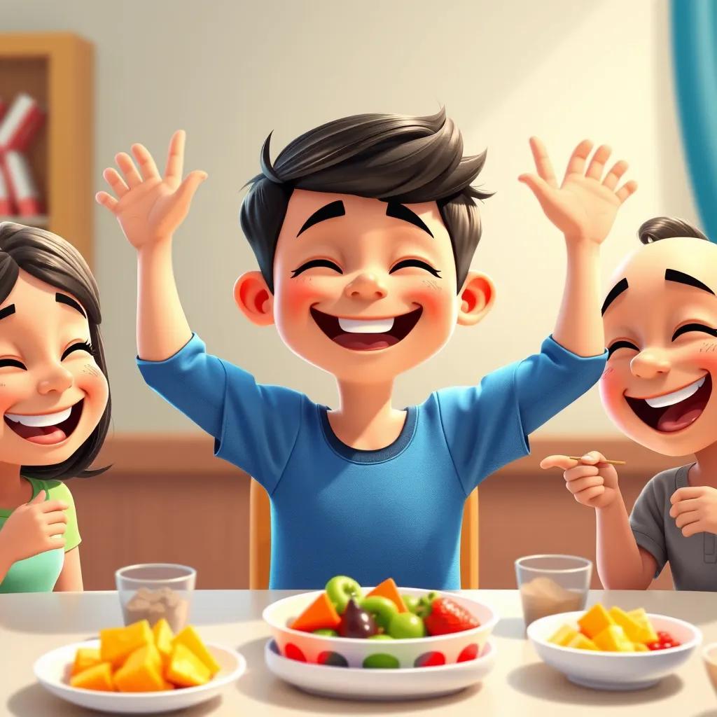 The boy being cheerful and proud at snack time, each member having equal parts, a happy family moment, colorful snacks around the table, joyous expressions, bright and cheerful, illustration, high quality