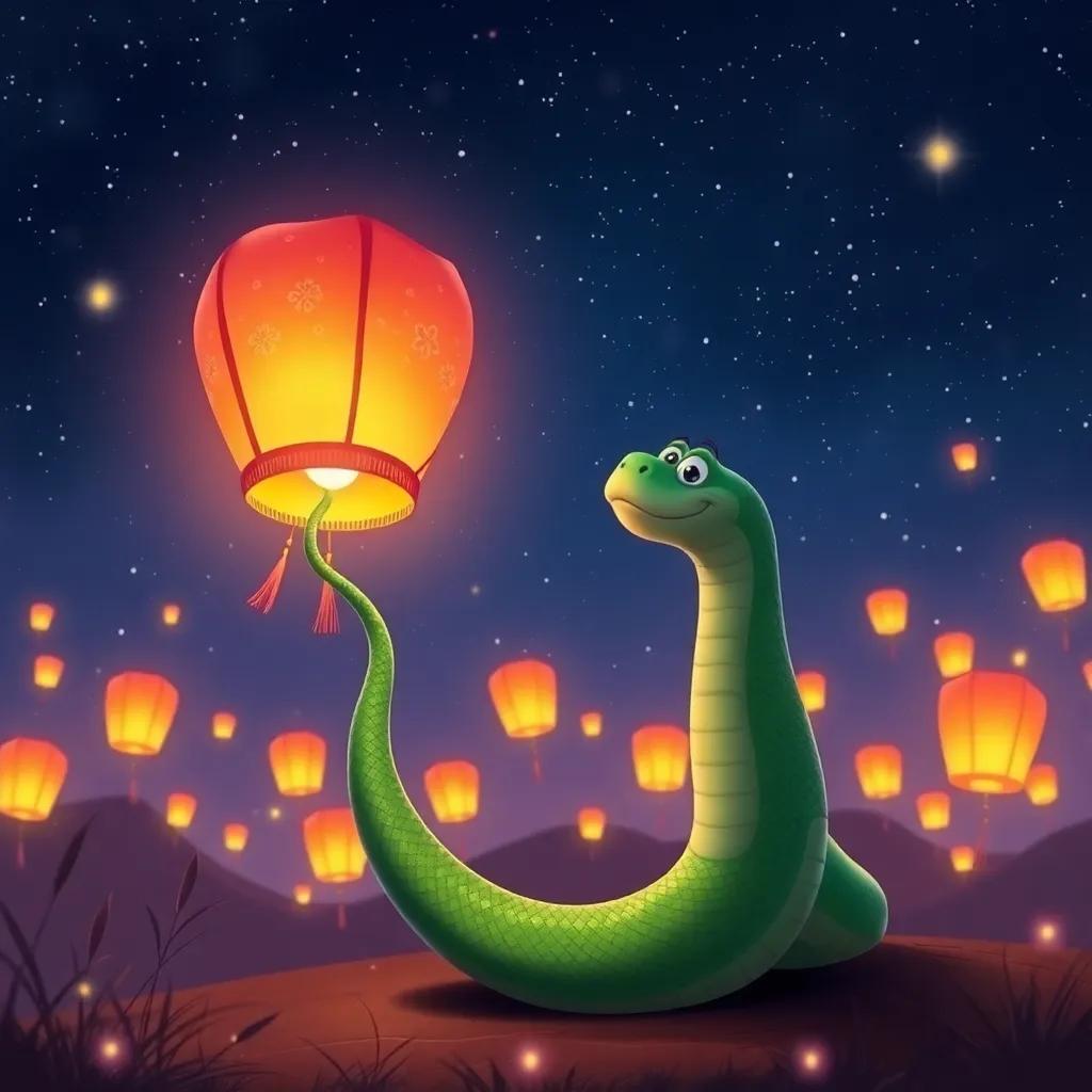 The snake with green scales happily releasing a beautifully decorated lantern into the starry sky, surrounded by her friends transforming back from lanterns, magical sparkles in the air, joyful night, colorful lighting, digital painting, heartwarming moment