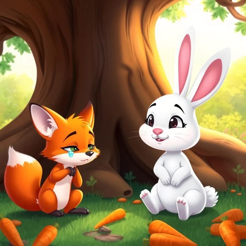 Felix the fox, with shiny orange fur, pretending to cry by a big oak tree, with Ruby the rabbit, soft white fur, looking concerned and kind, surrounded by sweet carrots, colorful and whimsical, cheerful, digital illustration