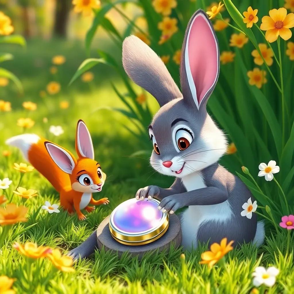 Ruby the rabbit discovering a shiny button under the bushes with Felix, the sneaky fox, looking surprised, the setting is bright with spring flowers and sunshine, illustrating cleverness and curiosity, bright colors, engaging scene, high quality