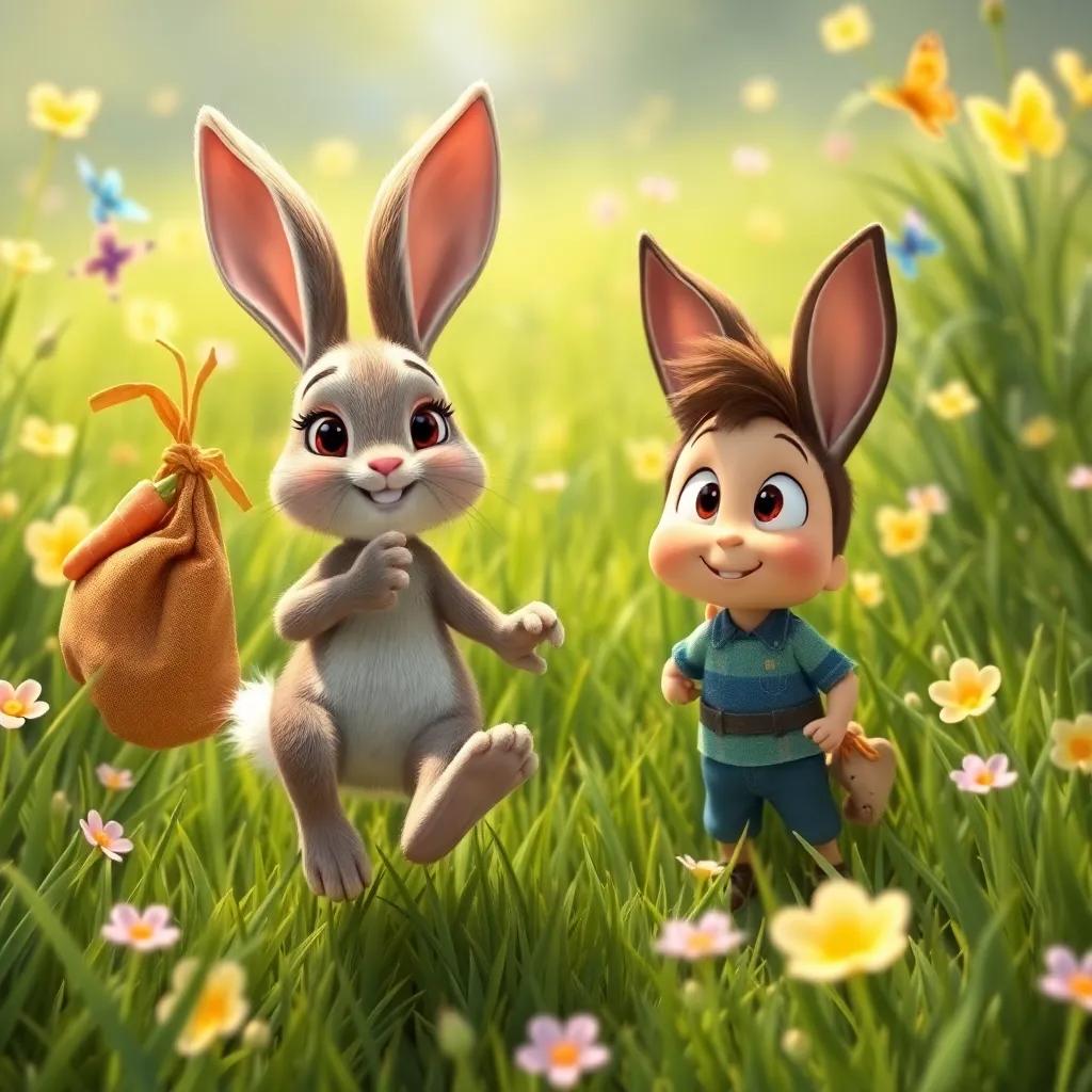Ruby the rabbit hopping creatively with a bag of carrots in her little paws, Felix looking astonished, both in a lush meadow filled with green grass and butterflies, joyous atmosphere, high-quality digital art