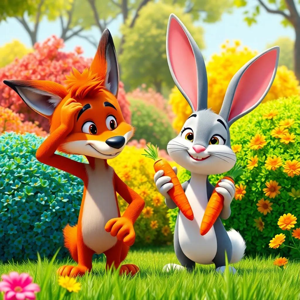 Felix the fox, scratching his head in confusion, as Ruby the rabbit holds up carrots with a smirk, surrounded by the colorful bushes and trees, bright sunny day, bright and inviting colors, playful scene, detailed and high quality