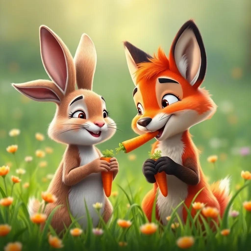 Ruby, the clever rabbit, teaching Felix the fox about friendship in the meadow, with both smiling and enjoying their carrots together, showcasing warmth and joy, bright and happy colors, high quality digital art