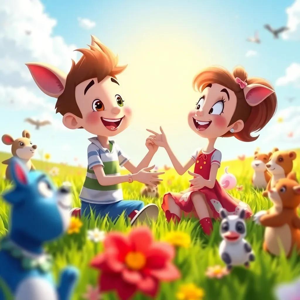 Felix and Ruby enjoying the sunny meadow, surrounded by other animals, playing without tricks, showcasing friendship and happiness, bright colorful scene, engaging atmosphere, high-quality digital illustration