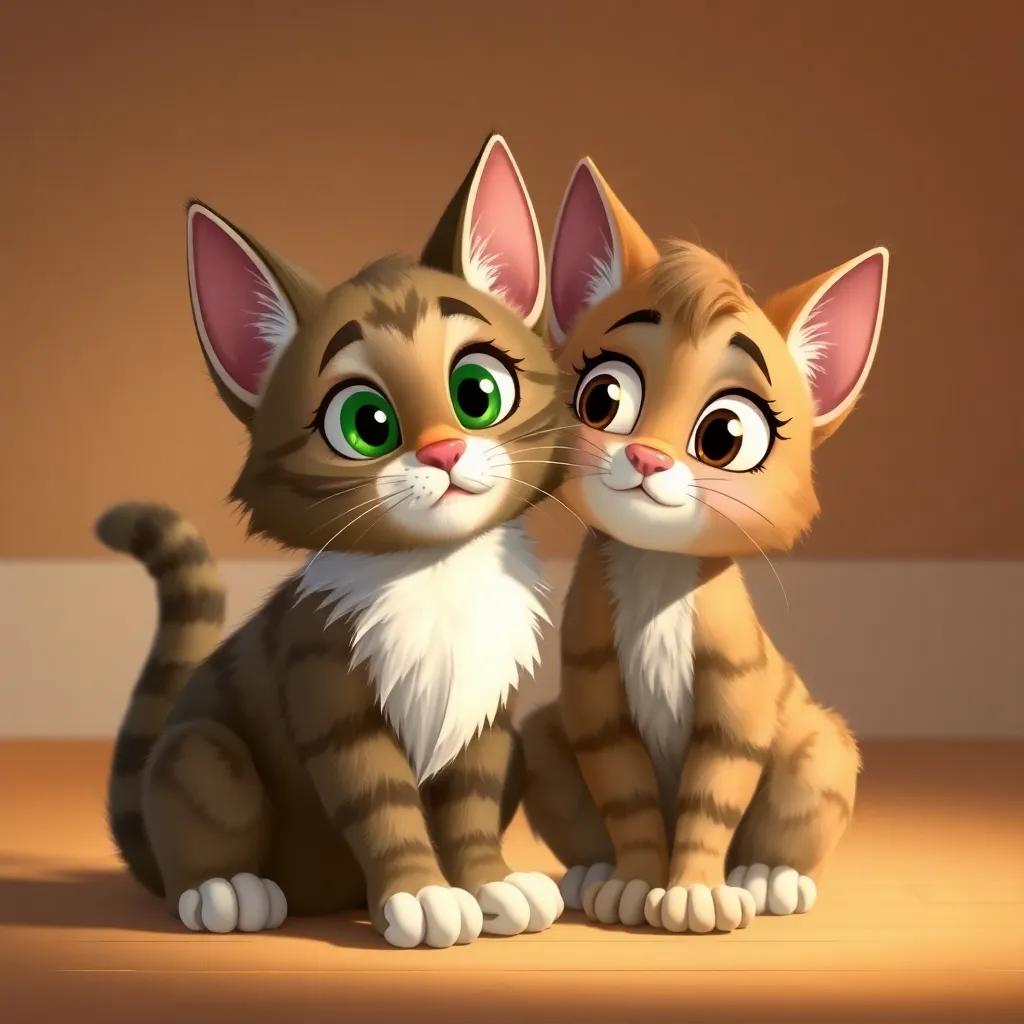 Whiskers, a fluffy tabby cat with big green eyes, sitting next to Lucy, tilting his head with a curious expression as they ponder about the missing socks, whimsical style, warm colors, playful vibe, high quality