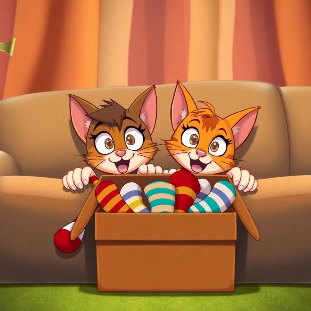 Lucy and Whiskers hiding behind a couch, looking excited, with a box filled with socks in front of them, cartoonish style, vibrant and colorful, engaging and fun, high quality