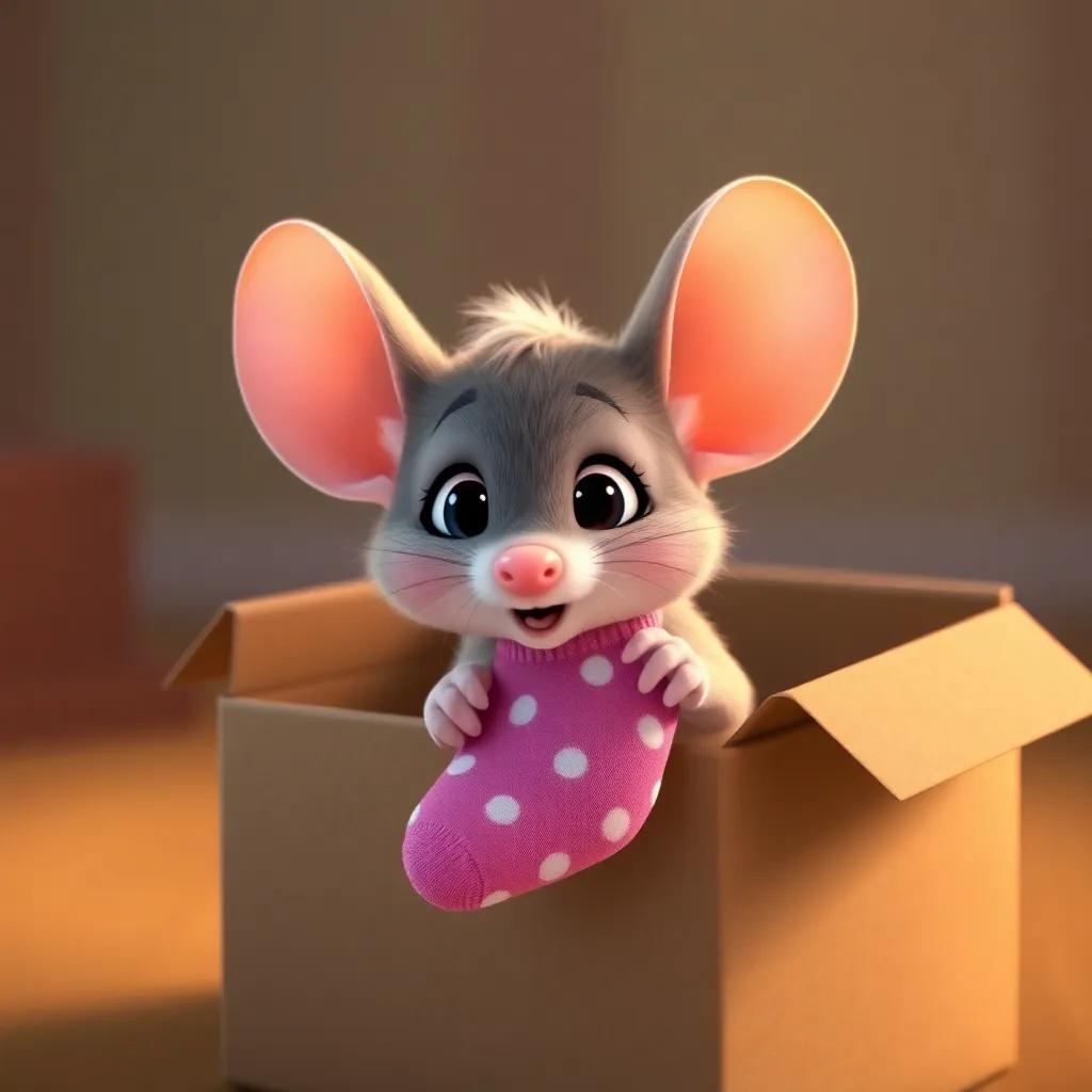 A small mouse with big ears, sneaking out of the box with a pink polka dot sock in its tiny paws, surprised expression, light-hearted scene, bright colors, high quality