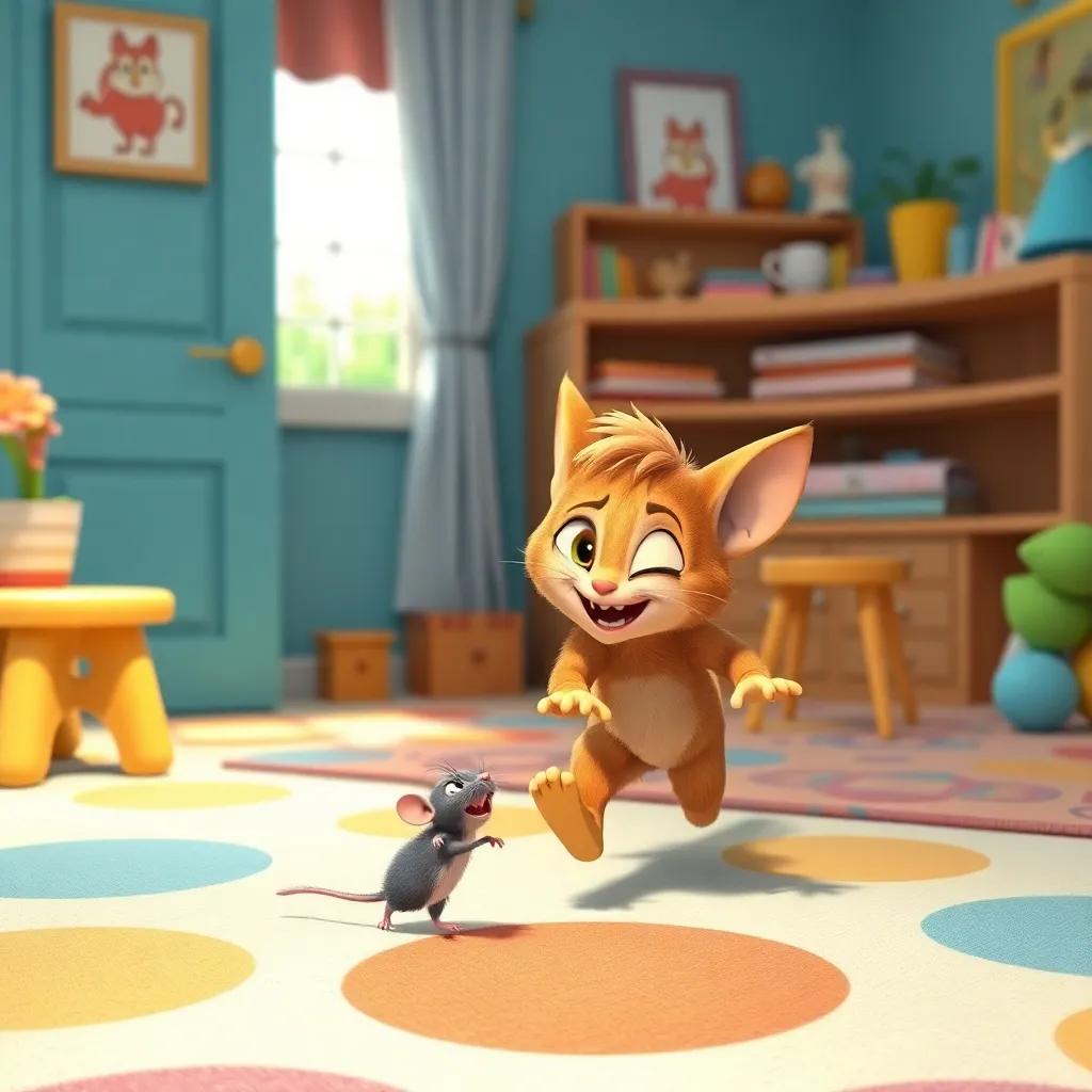 Whiskers, chasing the mouse around the room playfully, Lucy giggling, with playful furniture, vibrant colors, cheerful atmosphere, high quality