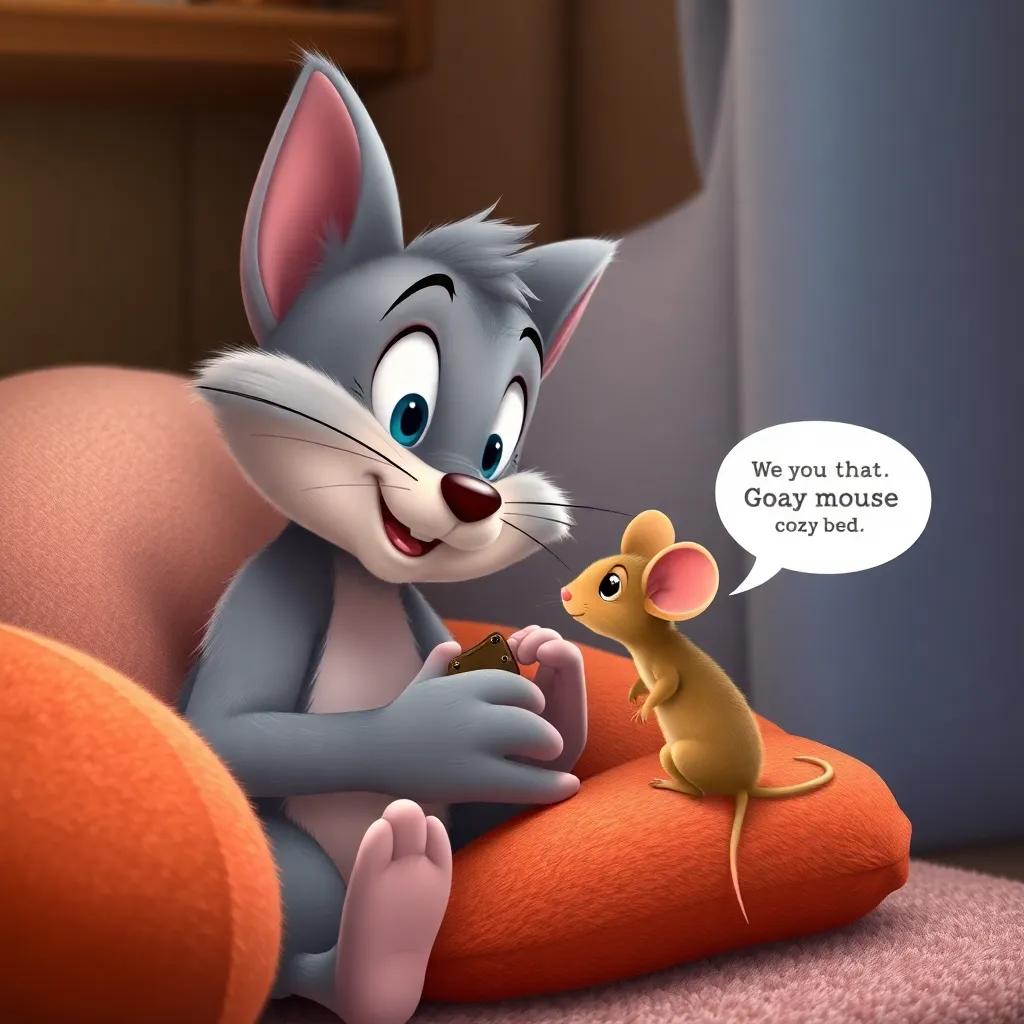 Whiskers gently holding the mouse in his paws, looking curious, while the mouse explains about the cozy bed, cute expression, friendly environment, soft colors, high quality