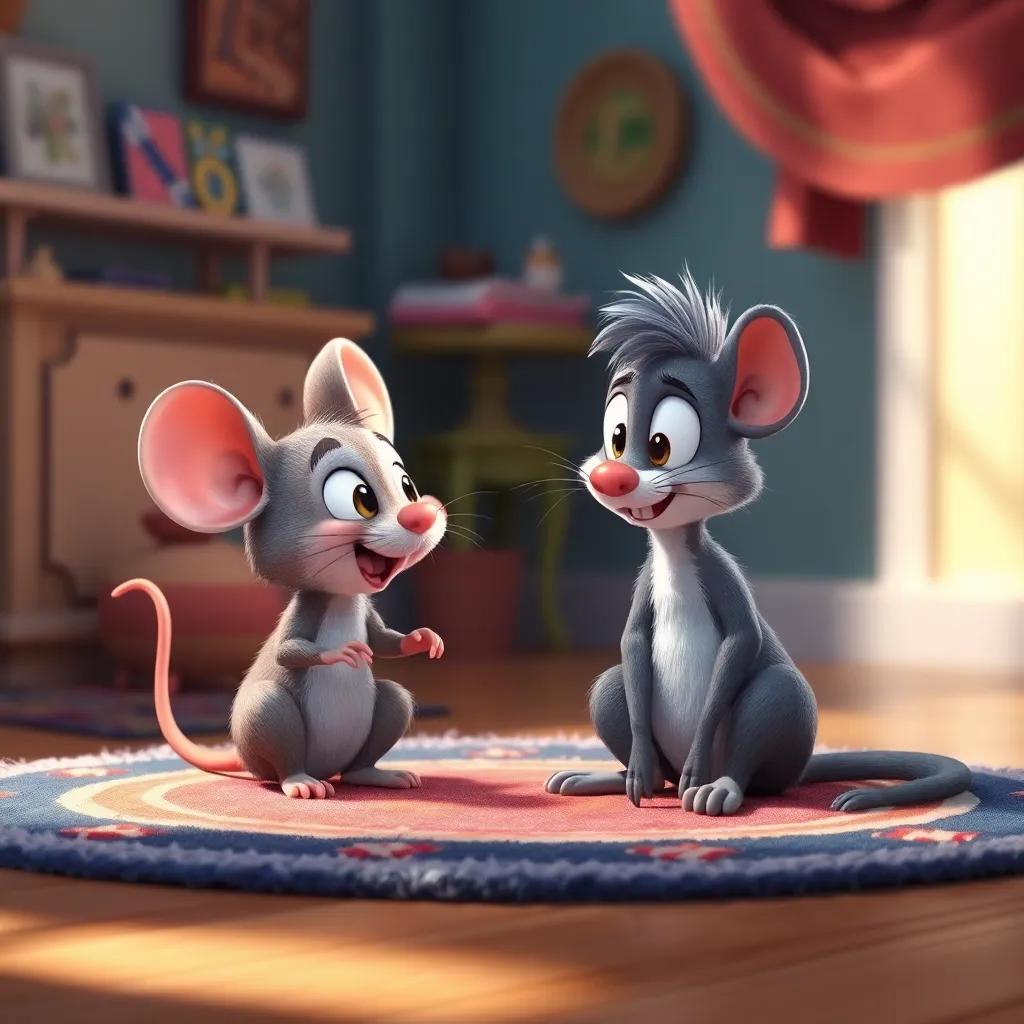 The little mouse talking to Whiskers, both animated characters sitting on a cozy rug, cheerful atmosphere, imaginative scene, colorful and inviting, high quality