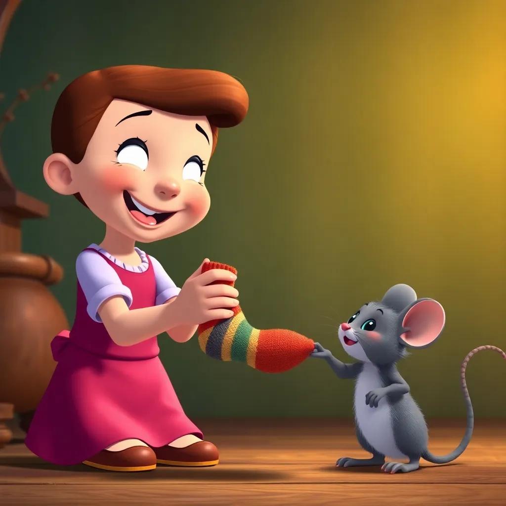 Lucy smiling and handing a colorful old sock to the mouse, with Whiskers watching, joyful and warm scene, bright colors, heartwarming quality, high quality