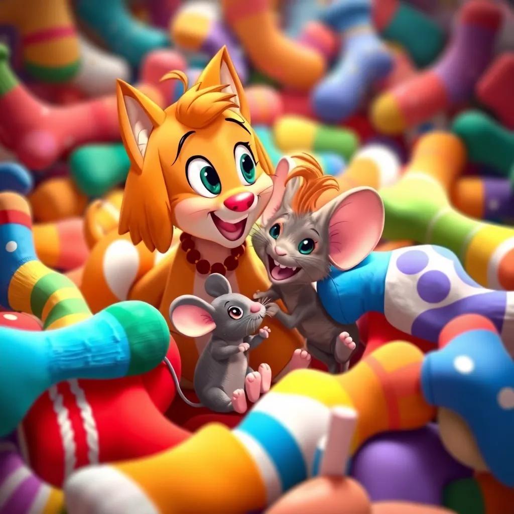 Lucy, Whiskers, and the mouse happily playing together, surrounded by a pile of colorful socks, friendly environment, bright and positive atmosphere, high quality