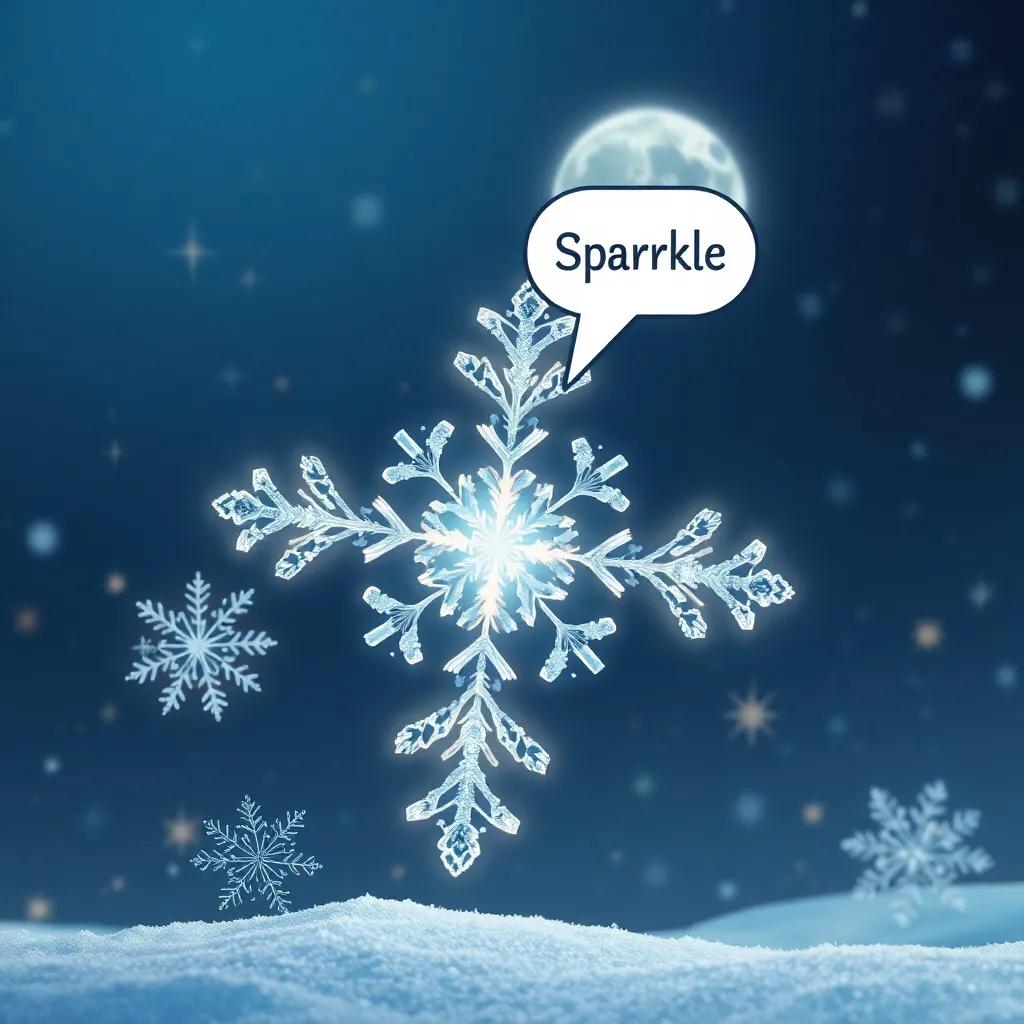 A special snowflake named Sparkle, glowing brightly, with intricate patterns, excitedly speaking to other snowflakes, surrounded by twinkling stars and a bright moon, magical, enchanting, high quality