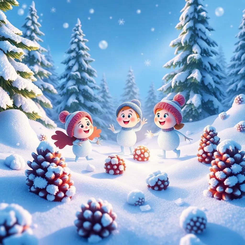 Snowflakes in a whimsical treasure hunt, collecting shiny icicles and frost-covered pine cones, amidst fluffy snow and tall evergreen trees, playful and joyful scene, vibrant colors, high quality