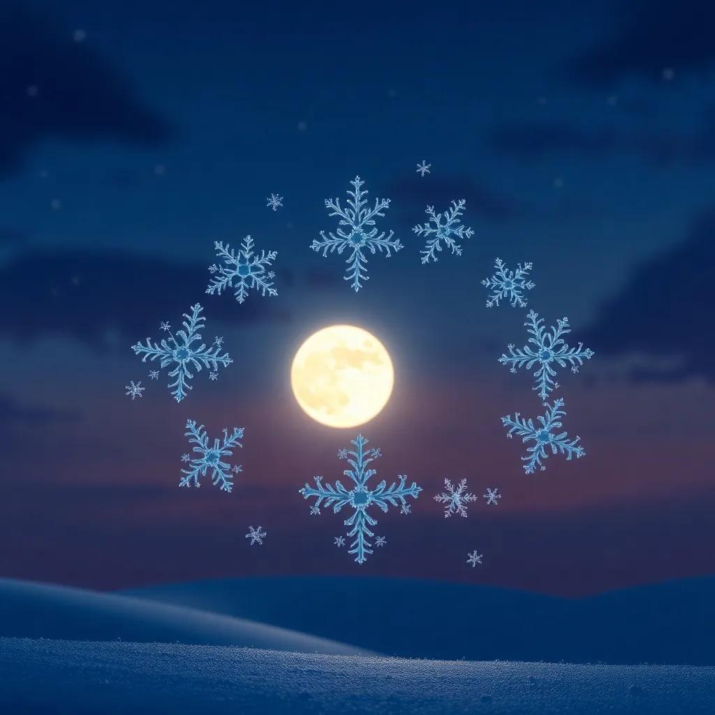 A circle of snowflakes forming plans in the twilight sky, illuminated by a bright moon, with determination and excitement in their shapes, magical, smiling, high quality