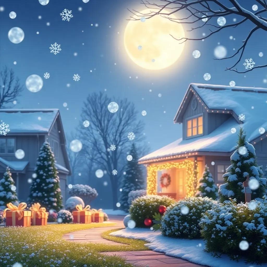 Snowflakes gently floating down from the sky, delivering magical gifts to front yards, glistening in the moonlight, creating an enchanting scene, warm and inviting, high quality