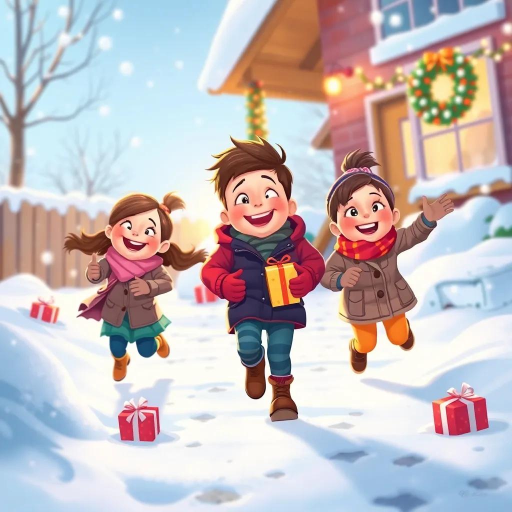 Children rushing outside with pure joy, discovering their gifts in the snowy yard, with laughter and excitement in the air, bright colors, playful atmosphere, high quality