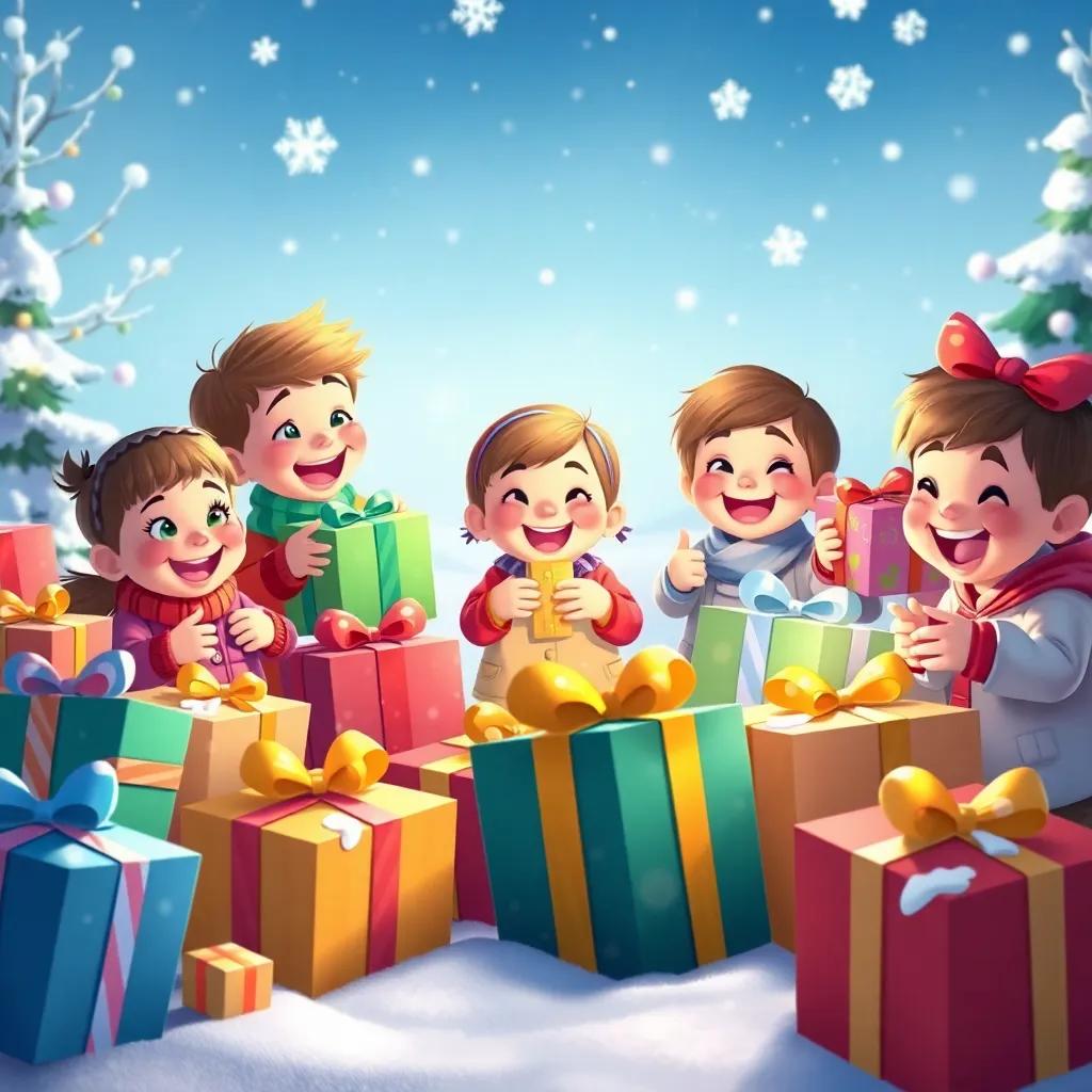 A collection of colorful gifts being opened by happy children, filled with surprise and delight, surrounded by snow and winter scenery, cheerful, vibrant colors, high quality