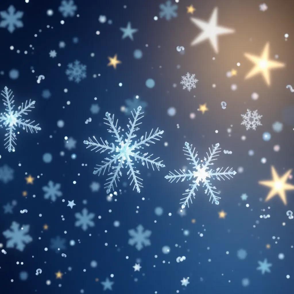 Snowflakes twirling and dancing in the night sky, with bright stars twinkling around them, creating a festive atmosphere during their party, joyful and enchanting, high quality