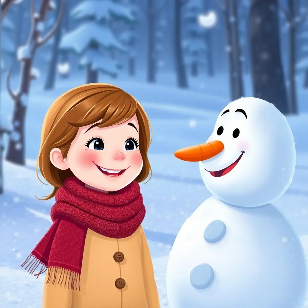 A little girl named Lily, with bright brown hair and a cozy red scarf, smiling at Frosty, surrounded by soft snow and winter trees, illustration, vibrant colors, joyful scene, child-friendly