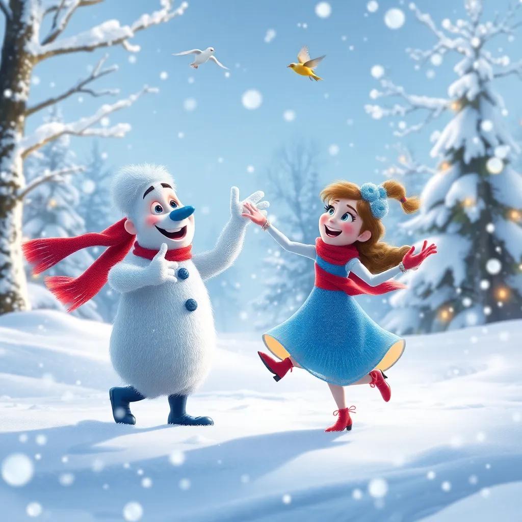Frosty and Lily dancing joyfully in thick snowflakes, with trees glimmering in the background, birds singing above them, detailed art, enchanting winter landscape, delightful experience