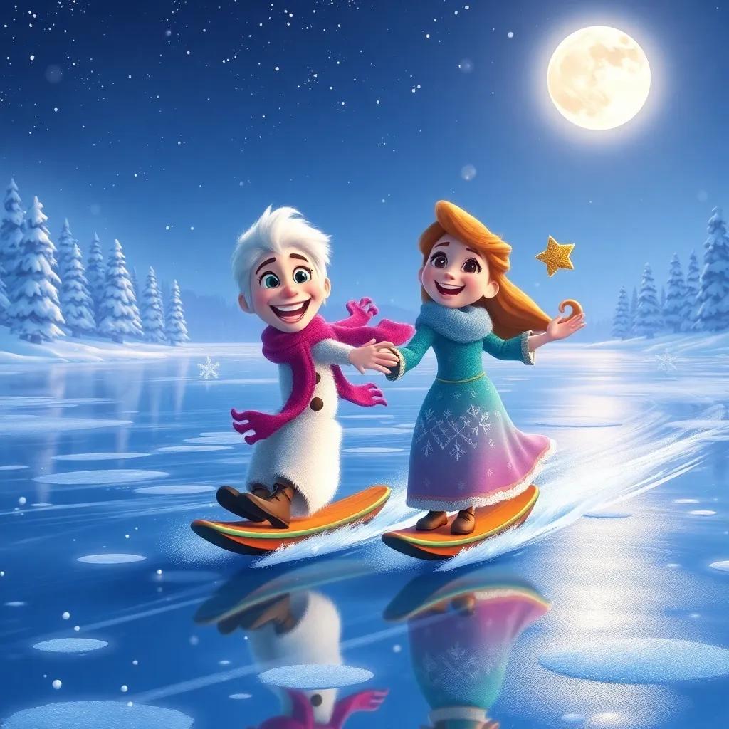 Frosty and Lily gliding on a frozen lake, with cheerful laughter and magic in the air, under a twinkling moonlight, colorful, winter wonderland, high quality, inviting scene