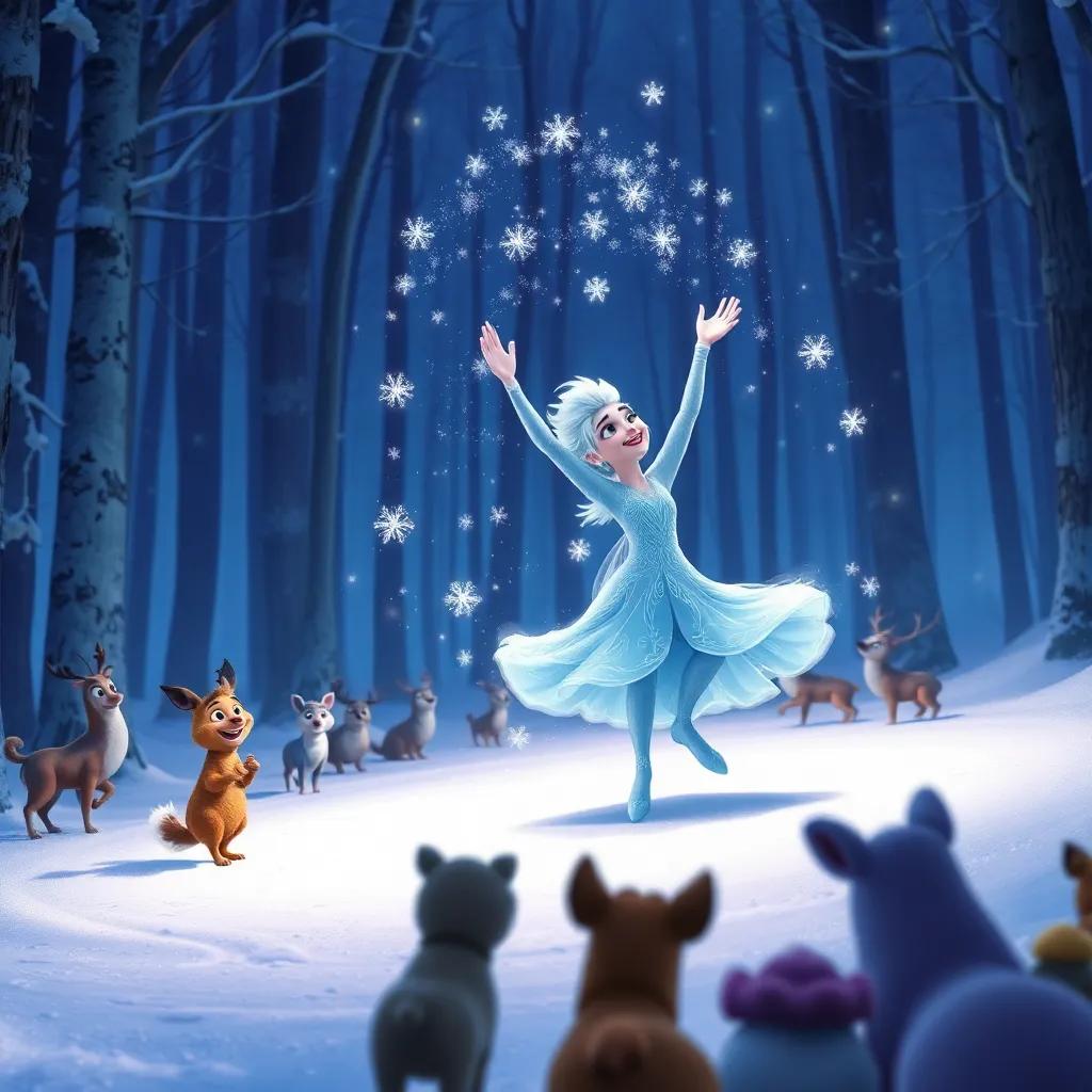 Frosty twirling gracefully with fairy dust around him, while Lily claps her hands, in a snowy forest with gathering animals watching, magical atmosphere, vibrant colors, enchanting moment
