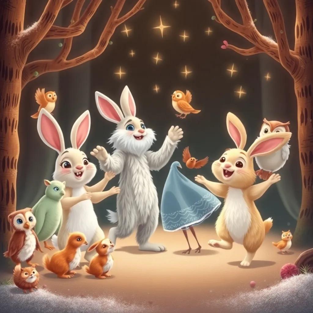 A group of forest creatures dancing joyfully, including rabbits and owls, while Frosty and Lily twirl beneath twinkling stars, whimsical scene, warm colors, engaging imagery