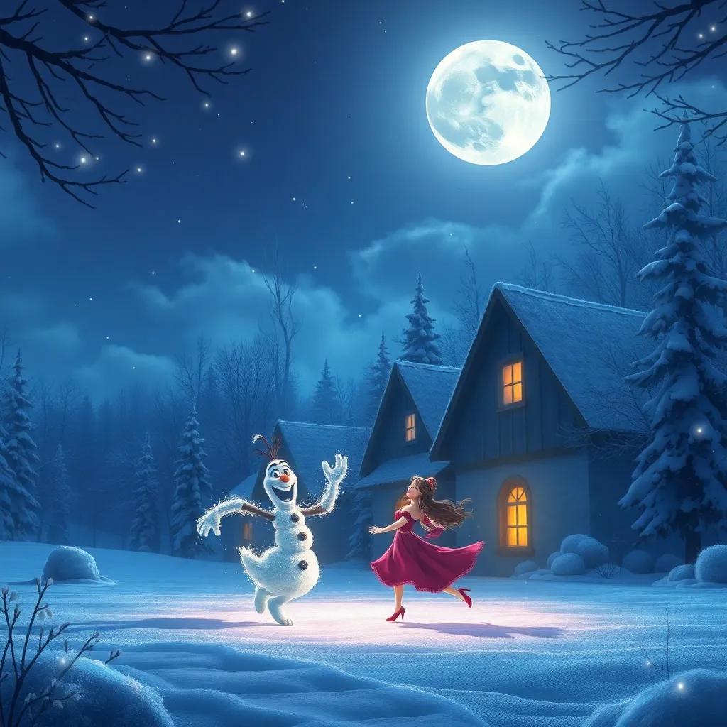 A beautiful winter night with the moon high above, casting soft light over dancing Frosty and Lily, creating an inviting and magical atmosphere, detailed digital art, rich colors