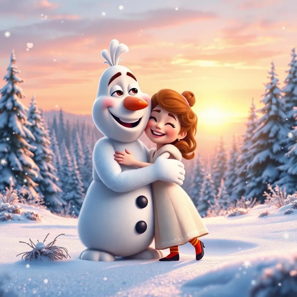 Frosty and Lily happily hugging goodbye, surrounded by sparkling snow and a forest backdrop, setting sun on the horizon, heartwarming scene, joyful colors, uplifting imagery
