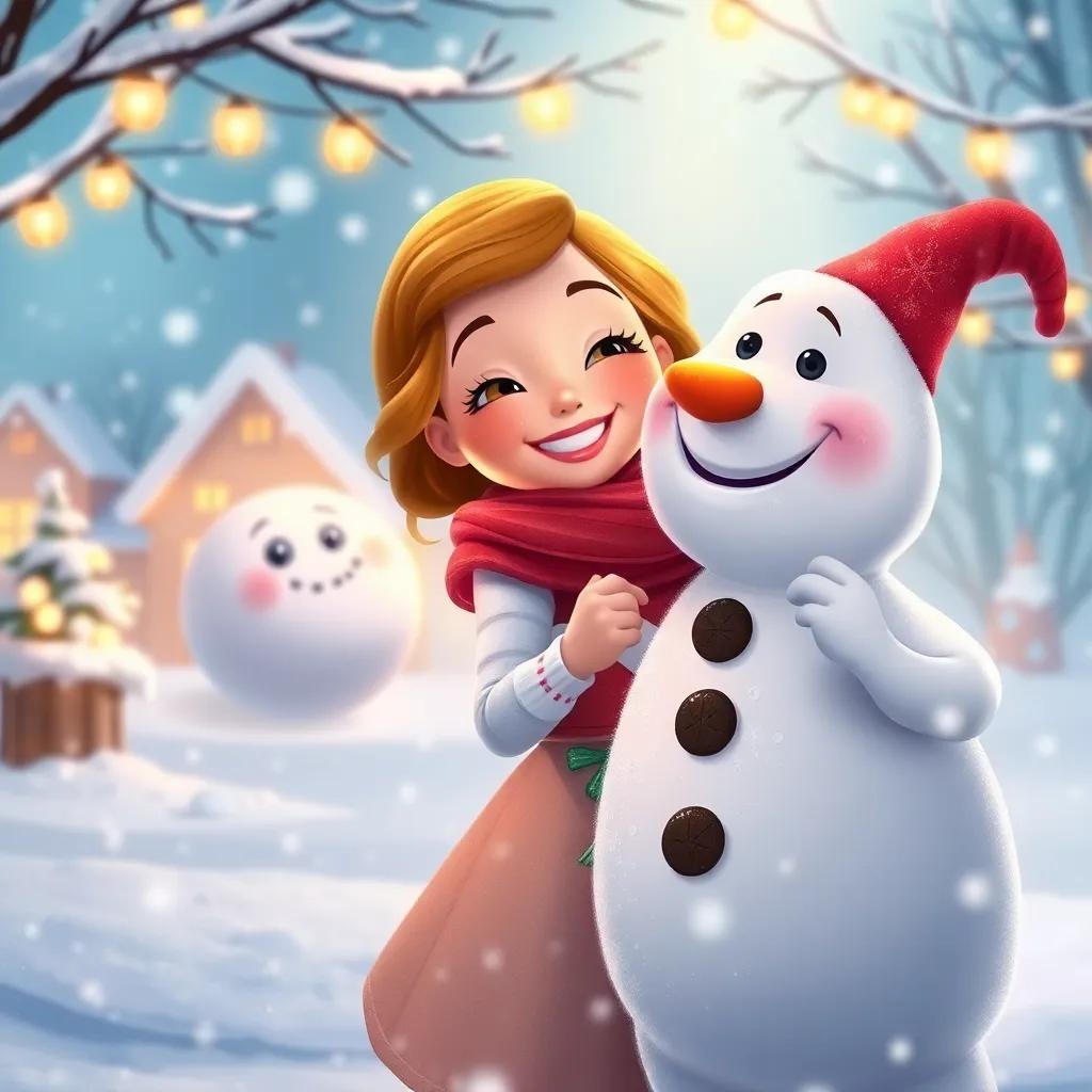 Lily returning every winter, smiling and dancing with Frosty in a snowy scene, surrounded by magical memories, glowing lights, charming winter atmosphere, colorful illustration