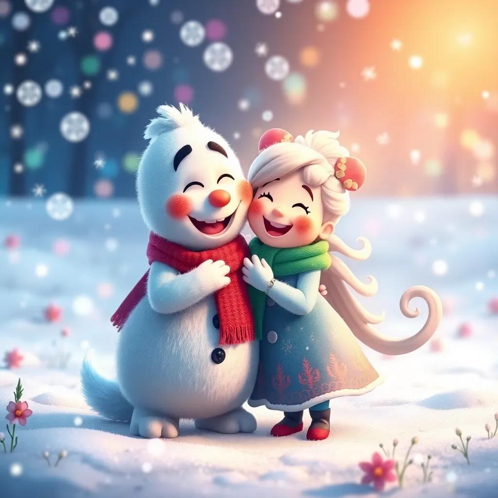 Frosty and Lily celebrating their friendship on a snowy meadow, with soft colorful lights and magical snowflakes falling, joyful, heartwarming image, detailed art style