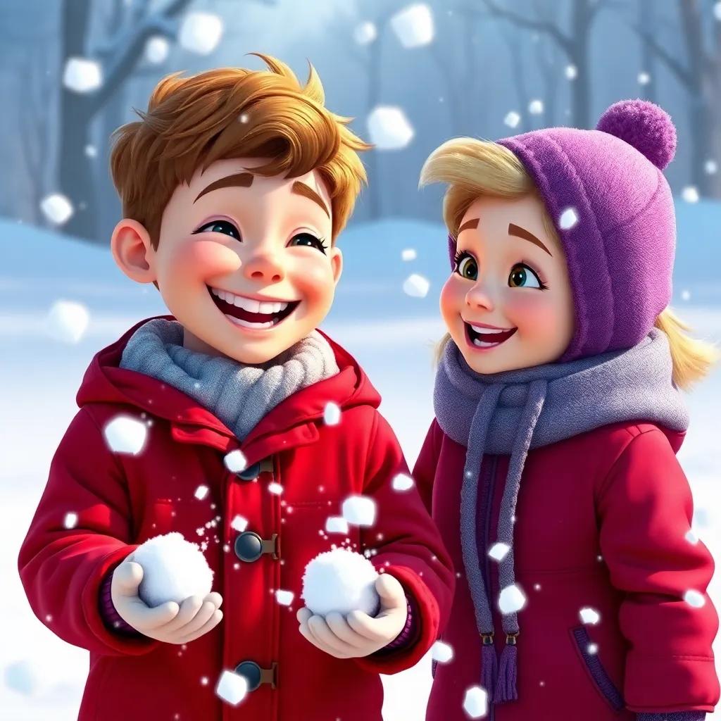 Peter, a young boy in a red coat, smiling and laughing while having a snowball fight with his friend Lisa, a girl with blonde hair wearing a purple winter jacket, fluffy snow everywhere, vibrant, active scene, child-friendly, high quality
