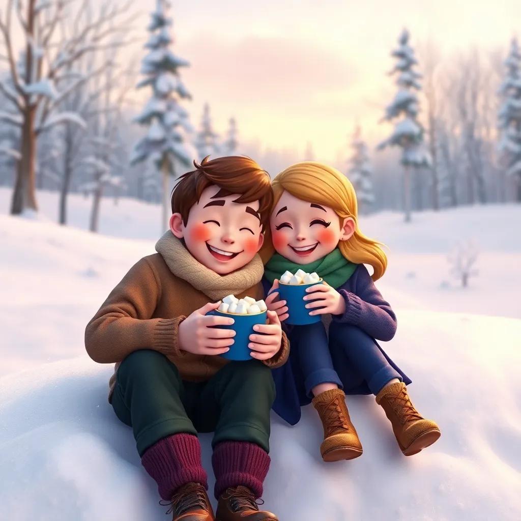 A close-up of Peter and Lisa taking a break in the snowy landscape, sitting on a snow-covered bank, sipping hot cocoa with marshmallows, joyful expressions, peaceful winter afternoon, warm and cozy colors, high quality