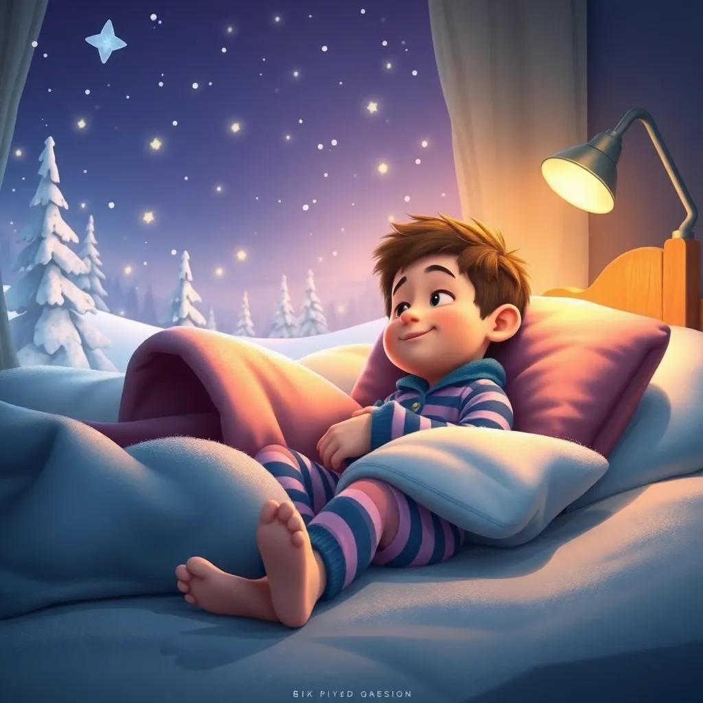Peter in his pajamas, snuggled up in bed with cozy blankets, dreaming of snowy adventures, stars shining outside, a warm glow from the bedside lamp, soft and captivating, high quality