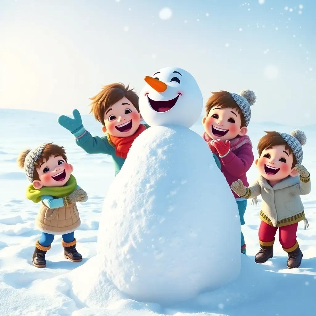 A group of excited children playing in the snow, laughing and building a big snowman with impressive smiles on their faces, snowy landscape, bright and cheerful atmosphere